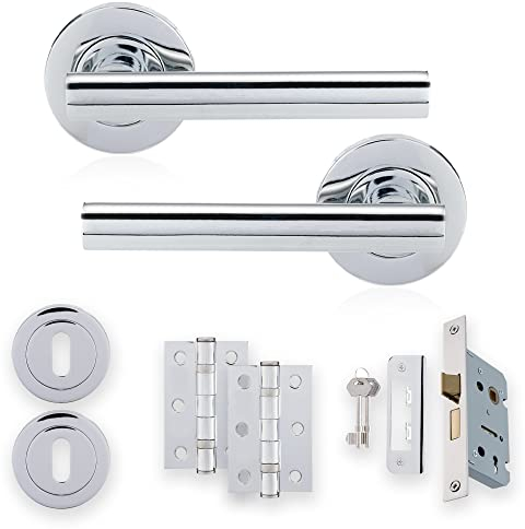 XFORT : Ensemble de serrures à levier et rosace en chrome poli, comprenant des poignées de porte à barre en T, une serrure de 65 mm, des charnières à roulement à billes de 75 mm et des caches serrure.