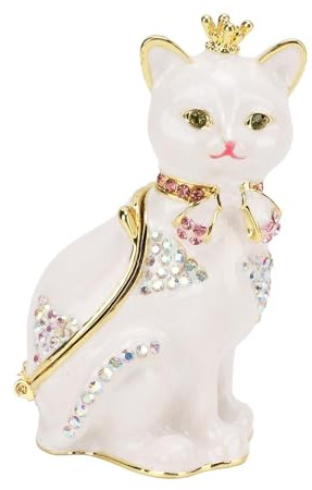 Beufee Schmuckkästchen Aus Emaille, Schmuckkästchen Mit Katze, Weiße Katze, Aufklappbar, Schmuckschatulle, Schmuckkästchen Mit Kristallen, Ringhalter, Süße Handbemalte, Schmuckbox Zum Sammeln