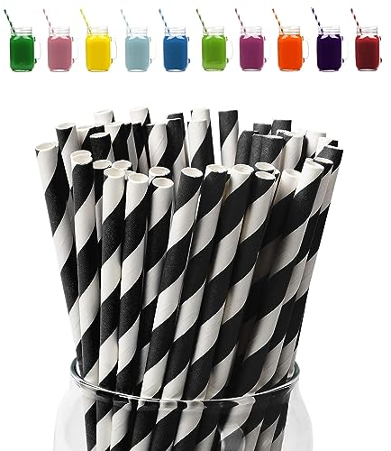 Black Stripes Drinking Straws - 100 Pack Biodegradable Straws for Kids, Assorted Stripes Straws for Xmas Party Decor