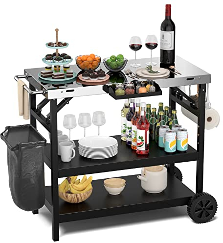 COSTWAY Grilltisch mit 3 Ablagen, Grillwagen mit Verstellbarer Ablage, Telefonständer, Gewürzregal, Handtuchhalter, Taschentuchhalter & Haken, Outdoor Servierwagen Beistelltisch