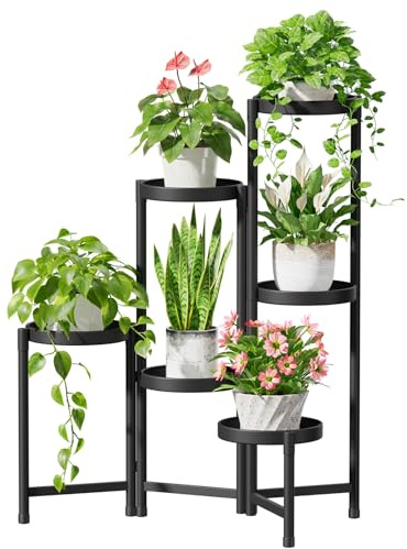 iDavosic.ly Support pour plantes d'intérieur à 6 niveaux, support d'angle en métal pour plantes multiples, support pliable en fer, noir