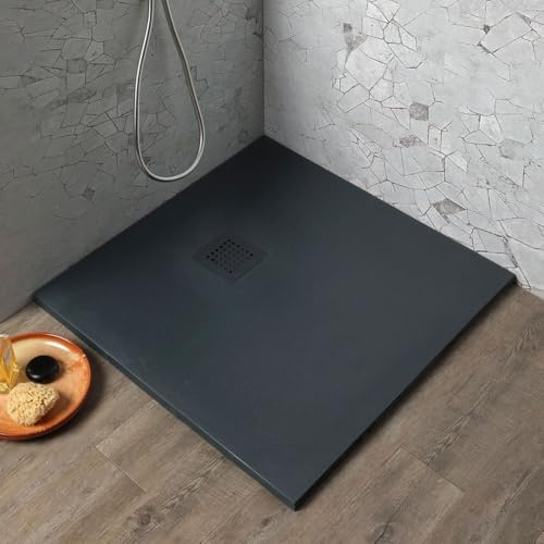 Kiamami Valentina Piatto Doccia 90x90 Cm Resina Grigio Antracite Muse | Effetto pietra, spessore 2,5 cm, antiscivolo, antibatterico, copri piletta in acciaio incluso, tagliabile
