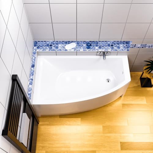 ECOLAM® Eckbadewanne Badewanne Acrylwanne HELA 150x90 cm LINKS Acryl Sanitäracryl + Acrylschürze + Ablaufgarnitur Ab- und Überlauf Automatik Füße Silikon pflegeleicht Qualitätswanne
