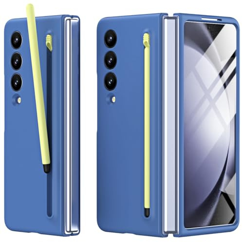 Miimall Hülle Kompatibel mit Samsung Galaxy Z Fold 4 - Robust mit Pen & Displayschutz, Federbelasteter Slim S-Pen Halter Case - Blau