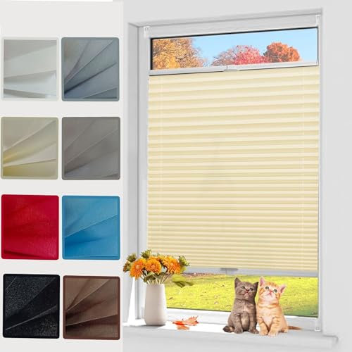 Klemmfix Plissee Ohne Bohren 35 x 120 cm Blickdicht Easyfix lichtdurchlässig Faltrollo Plisseerollo Rollo, inkl.Klemmträger für Fenster & Tür, Beige