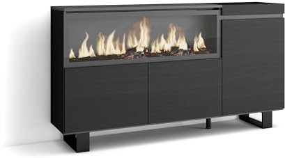 Skraut Home | Aparadores para salón | Gran Capacidad de almacenaje | 160 | 3 Puertas | Chimenea eléctrica XXL | Diseño Industrial | Estilo Moderno | Negro