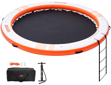 VEVOR Inflatable Floating Dock, ø8FT Inflatable Dock Platform with ø5FT Trampoline Mesh Pool, Non-Slip Floating Platform Water Mat with Portable Bag & Detachable Ladder for Pool Beach Relaxation