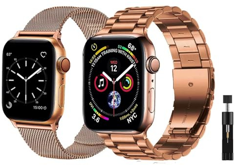 baklon Pack 2 Metal Strap Compatible with Apple Watch Strap 42/44/45/46/49mm, Stainless Steel Replacement Wristband Compatible with iWatch Series Ultra SE 3 2 1 Series 11 10 9 8 7 6 5 4,Rose Gold