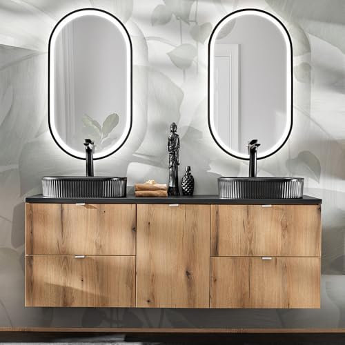 Lomadox Badezimmer Badmöbel Set 3-teilig, 160cm Doppelwaschtisch, in Eiche und schwarz, geringe Tiefe (40cm)