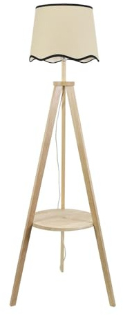 ValueLights | Natural Wood Tripod Floor Lamp with Storage Shelf and Black Trim Scallop Shade Living Room Light | Floor Lamps, Home Décor & Improvement Essential | Included LED Bulb