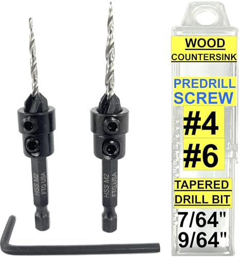 FTG USA Adjustable Wood Countersink Drill Bit Set #4#6 with Tapered Drill Bits for Woodwork with Storage Container