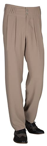Beige Herren Bundfaltenhose im Retro-Vintage-Stil mit weitem Bein und hohem Bund. Ideal für Rockabilly, Swing und Tanzanlässe. Größe 52