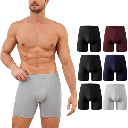 PUTUO Uomo Mutande Boxer in bambù: Mutande Lungo Uomo Aderenti in Bamboo con Conchiglia - 3D Ultra Morbido Comodi e Traspiranti Intimo Lunghi Senza Etichette 6 Paia