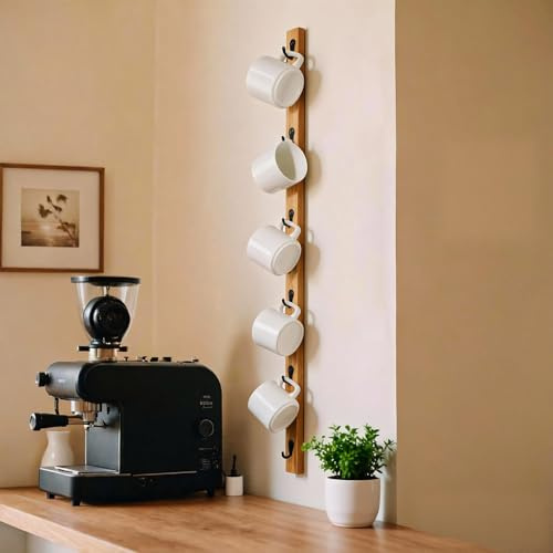 Yohsnor Wall-Mounted Coffee Mug Rack - 6 Hooks Cup Holder for Coffee Bar | Durable Coffee Mug Wall Rack for Kitchen Cabinet Side,Vertical Design Space-Saving Coffee Bar Organizer with Rustic Decor