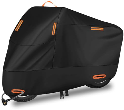 Motorbike Cover, 300D Heavy Duty Motorcycle Cover, Waterproof Outdoor Oxford Motorbike Cover with 4 Reflective Strips and 2 Lock Holes, 2 Fixed Buckles and 1 Storage Bag (86.6 x 37 x 43 in)