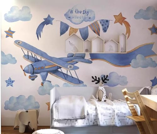 skdhlifpj Papier Peint intissé Panoramique Dessin Animé Tapisserie Murale 3D Cartoon Bleu Avion Ciel Chambre D'Enfant Jardin D'Enfants 200cmx140cm Salon Chambre Adulte Enfant Zen Poster Geant Mural