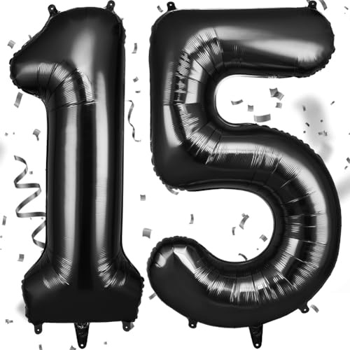 OFFCUP Luftballon Zahlen 15, Schwarz 15 Geburtstag Zahlen Ballon | 101cm Groß Folienballon 40 Zoll Helium Ballons zum Mädchen Junge Geburtstag Party Deko Abschluss Jubiläums（15, Schwarz）