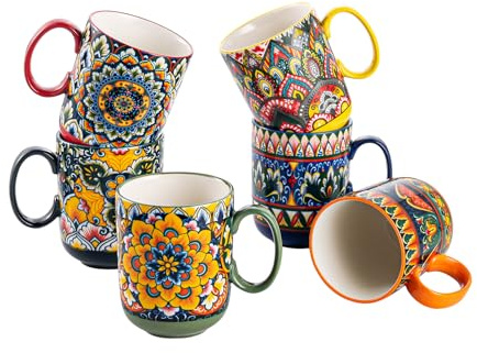 Juego de 6 tazas de café con asa, 410 ml, tazas de porcelana para té, café, leche, capuchino, multicolor, estilo bohemio