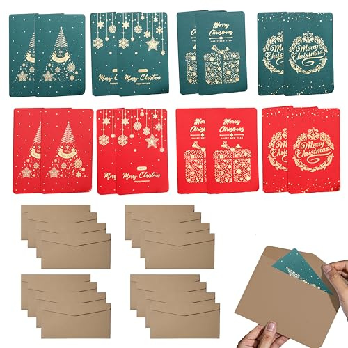 Weihnachtskarten mit Umschlag Set, Weihnachtskarten Set 16 Stück – Klappkarten mit Umschlägen – 220x170 mm Grußkarten – Blanko Innenseiten – Kraftpapier Umschläge – festliche Weihnachtsgrüße