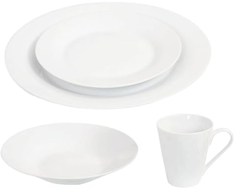 Reldor 16-Piece Round Porcelain Dinner Set for 4– 4 Dinner Plates and Bowls Set with 4 Side Plates & Mugs, Dishwasher Safe, Highly Resistant Dinnerware, Kitchen & Dining, Plain White