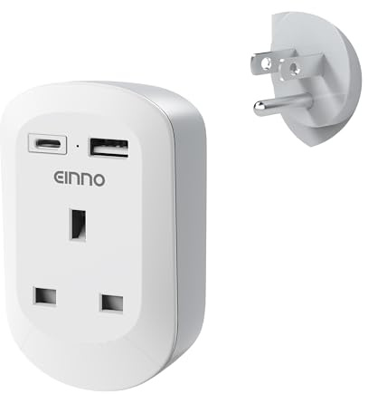UK to US Plug Travel Adaptor, EINNO 3-in-1 Travel Adapter with USB-C & USB-A, Type B American to UK Plug Adapter for Mexico, Canada, Thailand, Bahamas