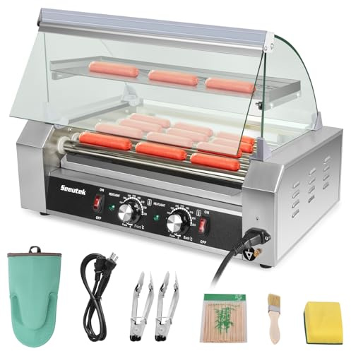 Seeutek Hot Dog Roller Grill with Heating LED Light - 7 Rollers 18 Hot Dog, 1100W Stainless Steel Sausage Cooker Machine w/Dual Temp Control, Glass Hood, Bun Warmer, Removable Drip Tray, ETL Certified