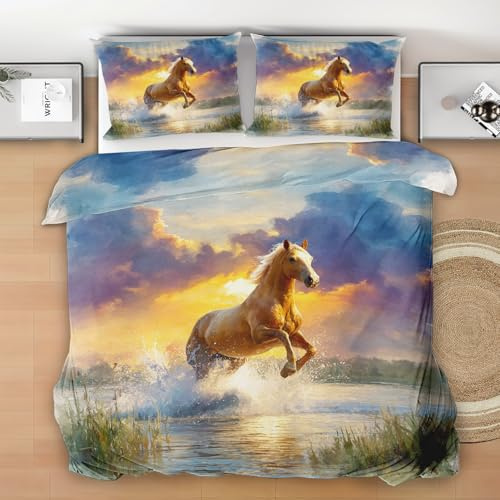 Générique Parure de Lit 90x190 Cheval au Galop, Housse de Couette Réversible Nuages Coucher du Soleil + 1 Taie d'oreiller 65x65 cm, Doux Ensemble de Literie en Microfibre pour Garçon Fille