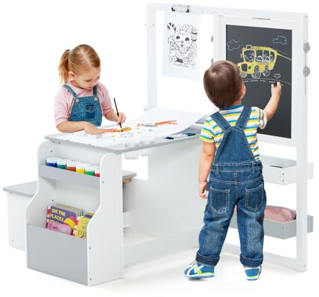FANTASK 6 in 1 Kindertafel, Holztisch mit Staffelei, Papierrolle, doppelseitiger Kreidetafel & Whiteboard, Kindertafel höhenverstellbar mit Bank, Kindersitzgruppe für Kinder ab 3 Jahren (Hellgrau)