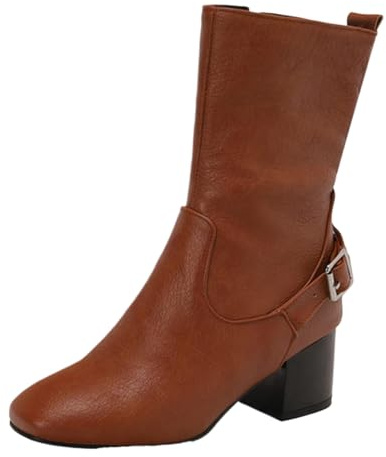 CHICMARK Botines para mujer con tacón de bloque, tacón de 5,5 cm y puntera cuadrada, suela antideslizante, forro cálido para oficina y ocio, marrón, 41 EU