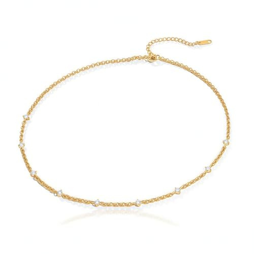 Generico Collana Donna a Catena in Acciaio Inossidabile Placcato Oro con Zirconi – Waterproof, Ipoallergenica, Lunghezza Regolabile