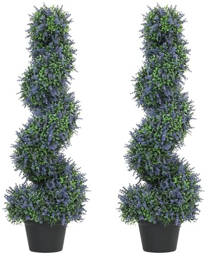 HOMCOM Artificial Lavender Topiary Tree Spiral in Pot Set of 2 90cm Purple | 315 Leaves, 315 Flowers, Artificial Trees, Fake Plants, Indoor Outdoor Decor