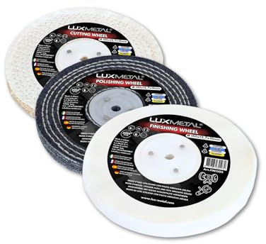 Kit Disco Lucidatura Metalli 150 x 12,7 x 10 mm – 3 Dischi (Taglio, Lucidatura, Finitura) per Mola da Banco con attacco per Mandrino Conico Lucidatura a Specchio Acciaio Alluminio