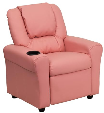 Flash Furniture Vana Vinyl Kids Recliner with Cup Holder, Headrest, and Safety Recline, Contemporary Reclining Chair for Kids, Supports up to 90 lbs., Pink