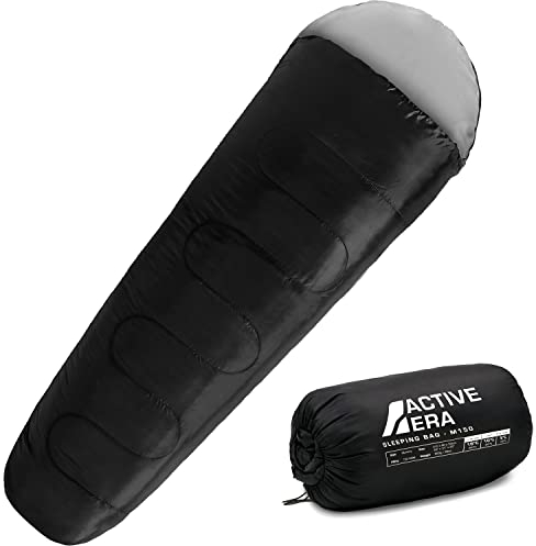 Active Era Mumienschlafsack - Schlafsack Sommer, Frühling, Herbst, 10°C bis 18°- Indoor und Outdoor Camping, Festivals - Sleeping Bag - Ultraleicht Schlafsack Kleines Packmaß – Schwarz