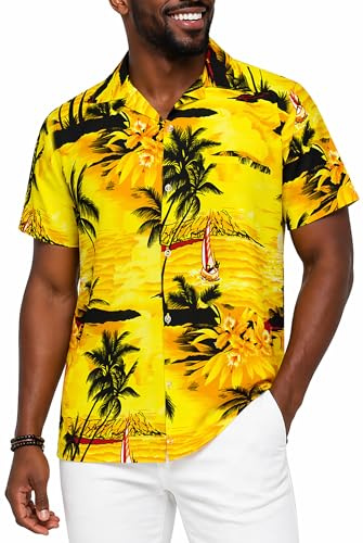 King Kameha Funky-Camicia-Hawaiana, Manica-Corta, Surf, Giallo, L