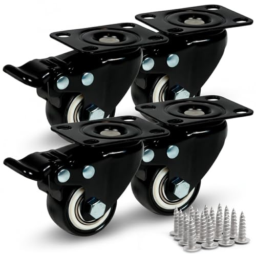 PRIOstahl Möbelrollen Bremsrollen Schwerlastrollen Transportrollen Schwarze Premium Rollen - 4 x Lenkrollen mit Bremse 40 mm + Befestigungsschrauben und Bit für Möbel Schränke Spurlos & Leise