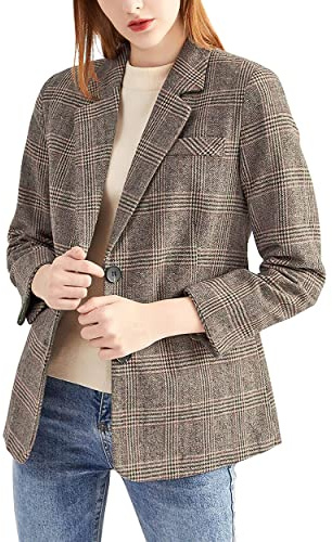 ebossy Blazer boyfriend à revers cranté à 2 boutons pour femme, motif pied-de-poule