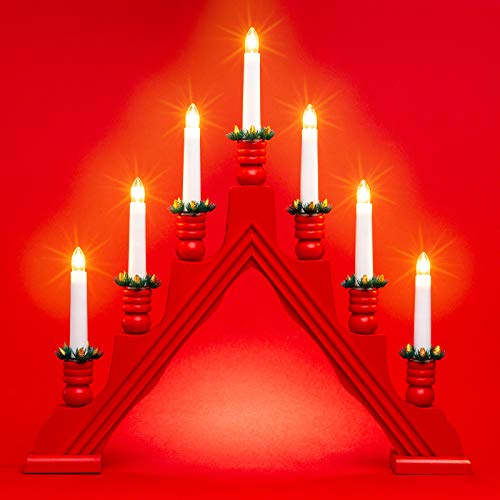 SIKORA LB49 klassisch eleganter Holz Schwibbogen Schwedenleuchter mit 7 elektrischen Kerzen, Farbe:rot