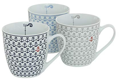 Seaside No.64 - Lot de 3 grands gobelets – Ancre bleu clair gris – Tasse Jumbo – en porcelaine 400 ml –