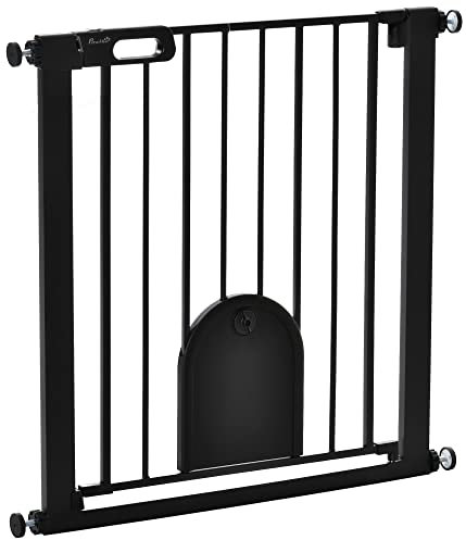 PawHut Dog Gate with Cat Flap Pet Safety Gate Barrier, Stair Pressure Fit, Auto Close, Double Locking, for Doorways, Hallways, 75-82 cm Black