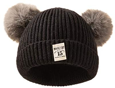 QinMMSPORTS Baby Mütze Kinder Warme Gestrickte Wintermütze mit Zwei Bommeln Perfekt Beanie für Winter und Autumn Winter Warme Rippstrickmütze Bunte Ohren Doppel-Pom-Mütze (Schwarz, Einheitsgröße)