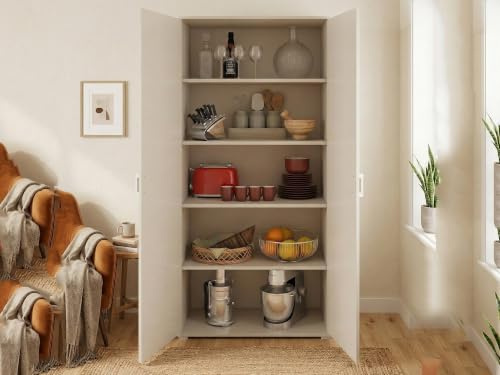 Dmora - Armoire polyvalente Alisso, Armoire linéaire avec 2 portes battantes, Armoire avec 4 étagères réglables, Étagère à chaussures moderne, 100% Made in Italy, 90x45h195 cm, Ciment et Blanc