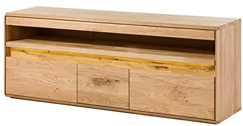 MASSIVMOEBEL24.DE | Cardiff TV-Board aus Massivholz inkl. LED-Beleuchtung #140 Wildeichenholz - Natur, geölt 3 Türen + offenes Fach + Kabelloch 165 x 43,5 x 63 cm Lowboard