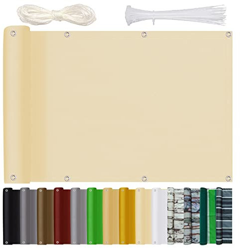 Balkon Sichtschutz Ohne Bohren Balkonsichtschutz 90x300cm Blickdichte Wind- Und Uv-Schutz Wetterfest Balkonumspannung mit Ösen Nylon Kabelbinder und Seil für Balkongeländer & Garten, Beige