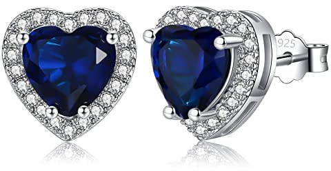 Silver Earrings for Women - Sterling Silver Earrings Diamond Stud Earrings, Heart Cubic Zirconia Earrings | Dainty Bridal Diamante Halo Earrings Jewelry for Brides Bridesmaids Wedding, Sapphire Blue