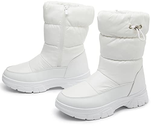 Womens Winter Boots Snow Boots For Women Black Mid Calf Platform Boots Warm Fur Fashion Slip On Boots(White,US9)