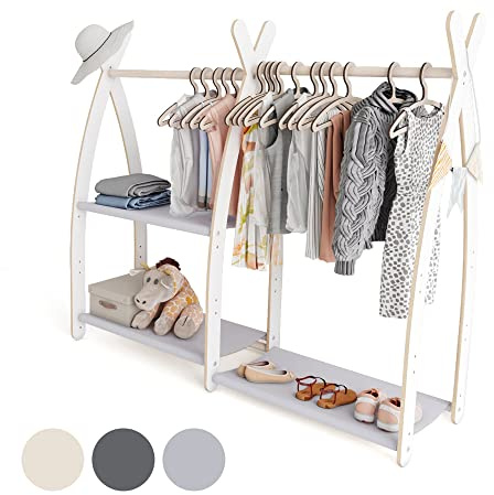 MAMOI® Portant à vêtements pour enfants 95 x 106 x 32 cm / 53 x 95 x 32 cm | Garde-robe enfant | Porte-manteau debout | Rail de vêtements pour enfants | Rail en bois | Garde-robe chambre d'enfant |