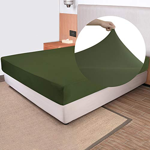 Soft Stretch King Size Fitted Sheet Only - Jersey Knit & Cozy T-Shirt Like, 4-Way Stretchy Snug Fit & Wrinkle Free, No More Slipping Mattress Sheets - Dark Olive Green, King