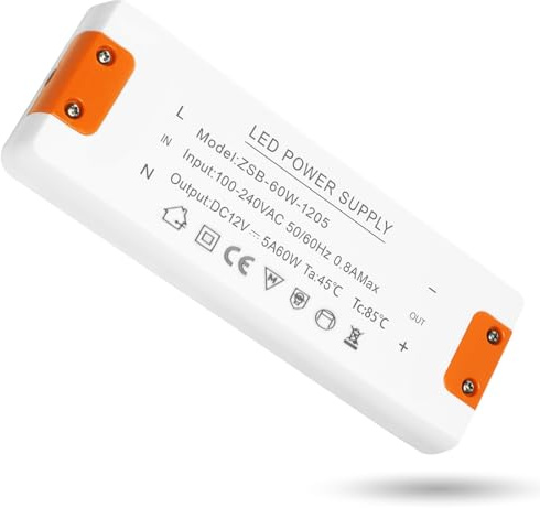 HIZZI Trasformatore 220V a 12V, 60W, 5A, Impermeabile IP67, Protezione da Sovracorrente, Sovratensione e Cortocircuito, Adatto per Strisce LED e Luci a Bassa Tensione, 16cm*5.9cm*2cm