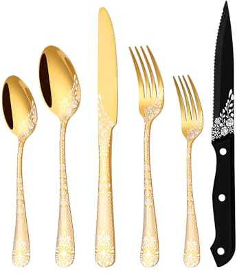 EUIRIO 24-Piece Gold Silverware Set with Steak Knives, Stainless Steel Flatware Set for 4, Mirror Gold Cutlery with Unique Floral Laser, Includes Spoons, Forks, Knives, Dishwasher Safe